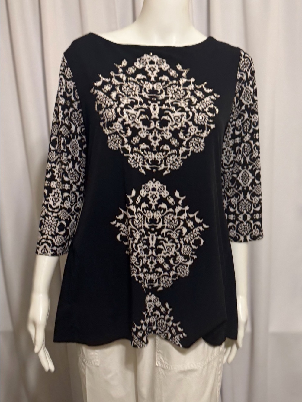 Elegant Black & White Damask Embellished Tunic